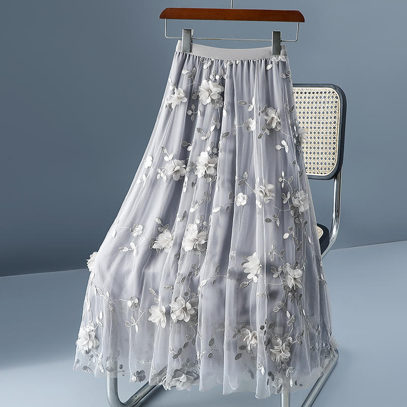 Tarpvalstybinis, karštai parduodamas siuvinėtas sijonas, elegantiškas vidutinio ilgio sijonas, trimatis gėlių rašto pramoninis tinklelis, mažas, šviežios fėjos sijonas