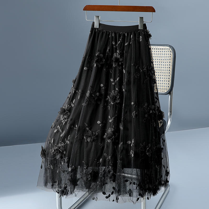 Tarpvalstybinis, karštai parduodamas siuvinėtas sijonas, elegantiškas vidutinio ilgio sijonas, trimatis gėlių rašto pramoninis tinklelis, mažas, šviežios fėjos sijonas