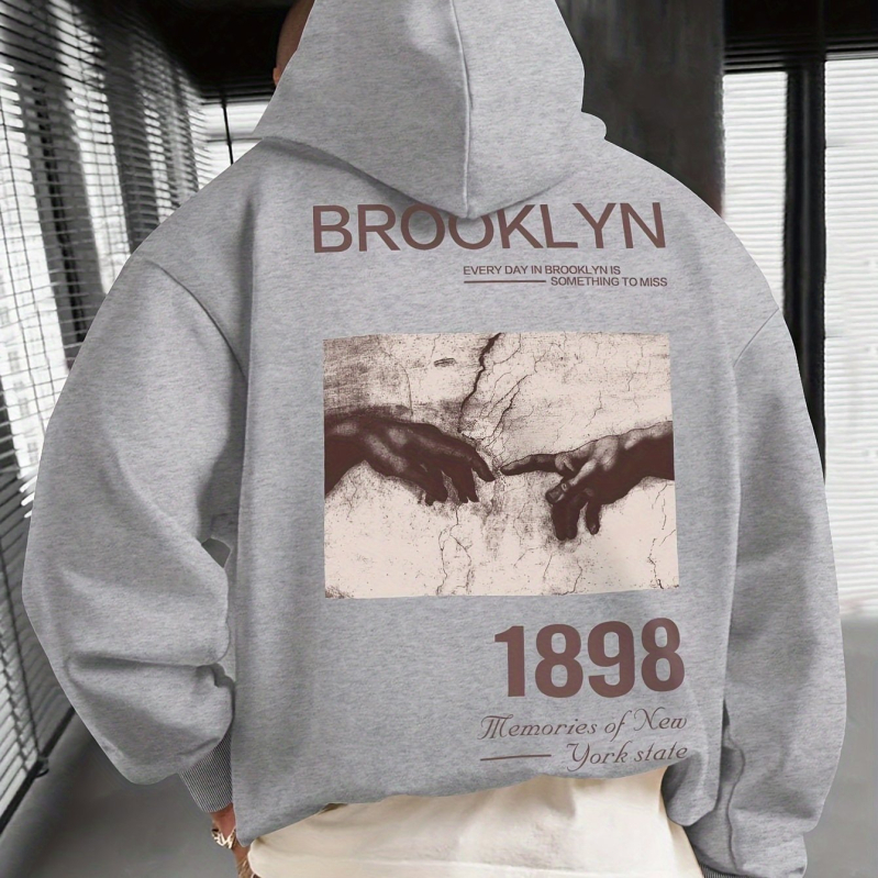 Hanorac cu imprimeu casual pentru bărbați, model 1989, cu buzunar tip cangur și șnur larg