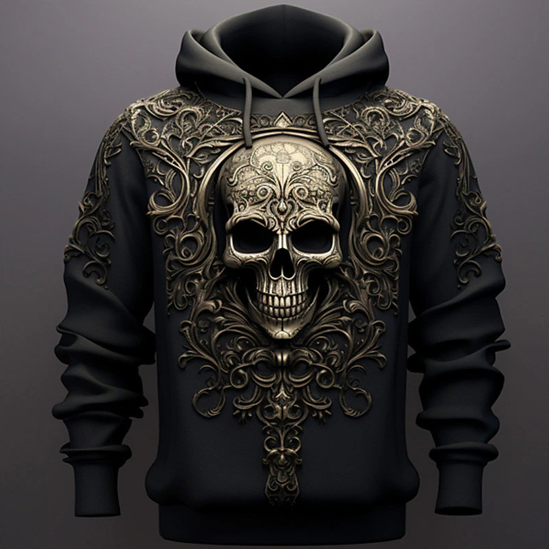 2024 m. naujos, pasienio rinkos, 3D kaukolės galvos atspausdintos, gobtuvu puoštos pavasario ir rudens vyriškos megztinės, šaunios gamyklos didmeninė prekyba.