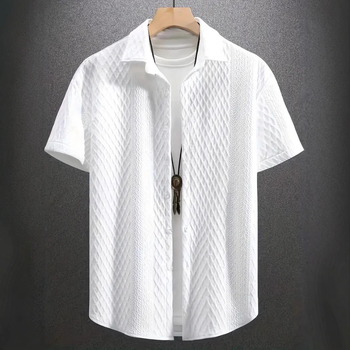 2025 Мъжка едноцветна къс ръкав с ревер Amazon, едноцветна плетена риза, жакардова ежедневна риза с къс ръкав