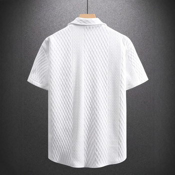 2025 Мъжка едноцветна къс ръкав с ревер Amazon, едноцветна плетена риза, жакардова ежедневна риза с къс ръкав