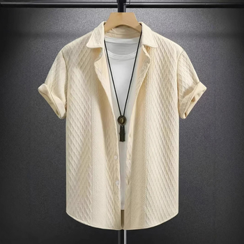 2025 Мъжка едноцветна къс ръкав с ревер Amazon, едноцветна плетена риза, жакардова ежедневна риза с къс ръкав