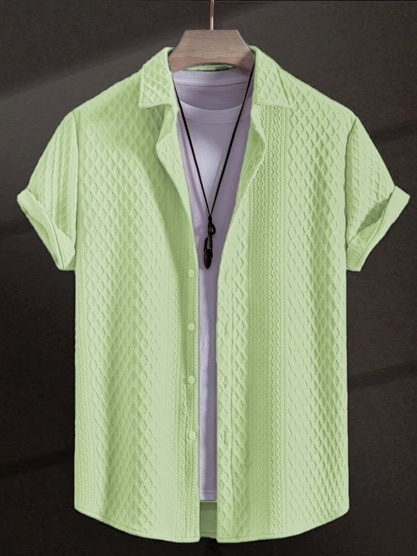 2025 Мъжка едноцветна къс ръкав с ревер Amazon, едноцветна плетена риза, жакардова ежедневна риза с къс ръкав