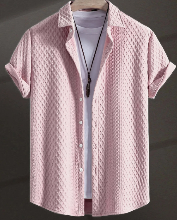 2025 Мъжка едноцветна къс ръкав с ревер Amazon, едноцветна плетена риза, жакардова ежедневна риза с къс ръкав