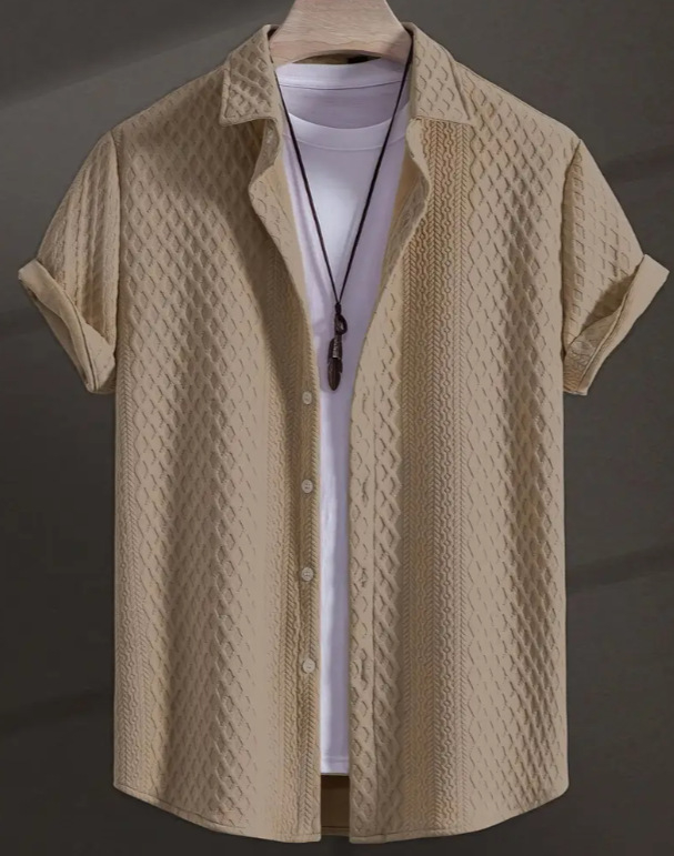 2025 Мъжка едноцветна къс ръкав с ревер Amazon, едноцветна плетена риза, жакардова ежедневна риза с къс ръкав