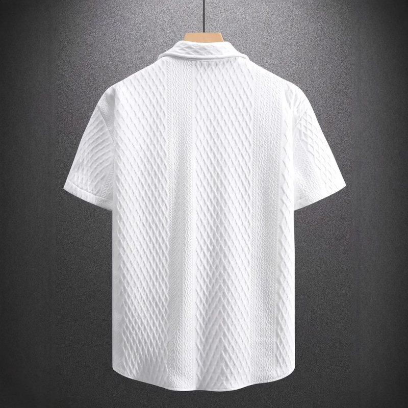 2025 Мъжка едноцветна къс ръкав с ревер Amazon, едноцветна плетена риза, жакардова ежедневна риза с къс ръкав