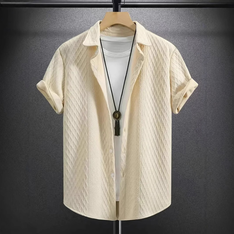 2025 Мъжка едноцветна къс ръкав с ревер Amazon, едноцветна плетена риза, жакардова ежедневна риза с къс ръкав