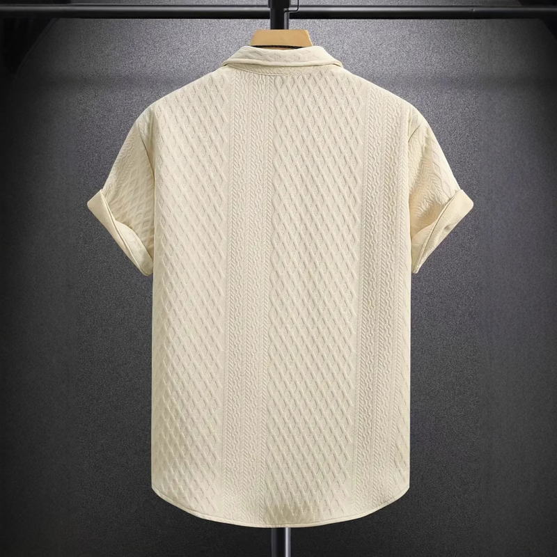 2025 Мъжка едноцветна къс ръкав с ревер Amazon, едноцветна плетена риза, жакардова ежедневна риза с къс ръкав