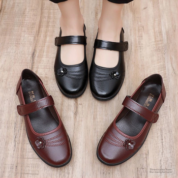 Μαλακή σόλα, άνετα παπούτσια για μητέρες, μονόστρωτα παπούτσια, αντιολισθητικά, φλατ παπούτσια μέσης, ανοιξιάτικα και φθινοπωρινά δερμάτινα παπούτσια για ηλικιωμένους, βέλκρο, μπροκάρ γάλακτος για ηλικιωμένους