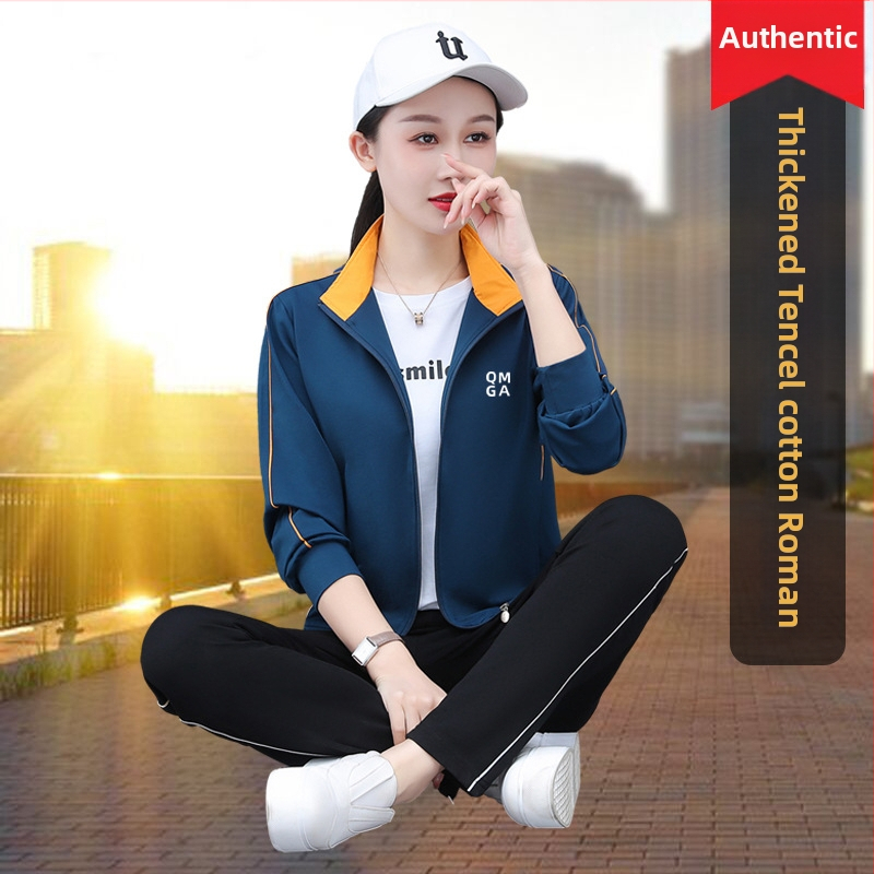 Jesenný módny oblek pre mamičky stredného veku, trojdielny nový ležérny športový dámsky jarný a jesenný módny priedušný kabát