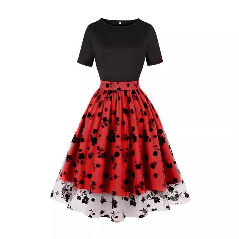 Rochie de damă cu talie înaltă, plisată, cu flori mici, în comerț exterior transfrontalier, Europa și Statele Unite, 5289