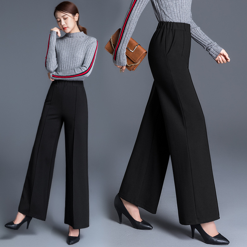 Piiriüleselt hangitud mustad pluss-suuruses laiad püksid naistele sügis-talvel kõrge vöökohaga drapeeringuga lahtised keskealiste emade vabaaja sirged püksid kevadeks