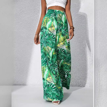 Европейски и американски трансгранични дамски шифонови ежедневни панталони с щампа Amazon 2025, нови летни панталони със средна талия, боядисани с щампа