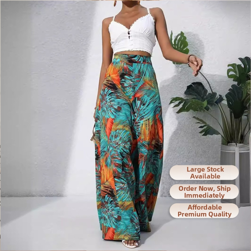 Európai és amerikai határokon átnyúló Amazon női sifon mintás alkalmi nadrág 2025 nyári új középderekú nadrág festett nyomtatással