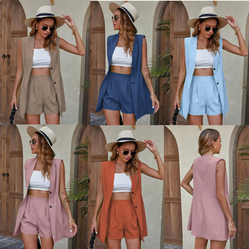 raktáron lévő öltöny Európában és az Egyesült Államokban határokon átnyúló robbanások Amazon TEMU női lótuszszínű divatos kétrészes mellény magas derekú rövidnadrág