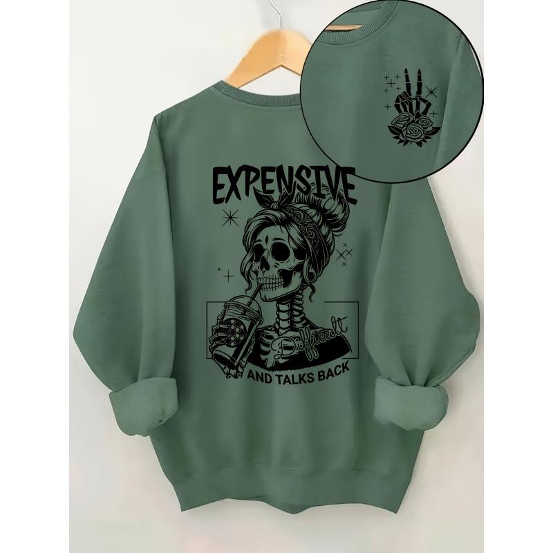 Koponyamintás pulóver, hosszú ujjú, kerek nyakú, lezser S-es kapucnis pulóver