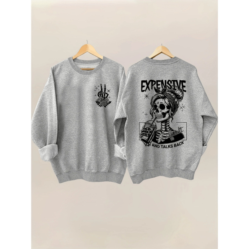 Koponyamintás pulóver, hosszú ujjú, kerek nyakú, lezser S-es kapucnis pulóver