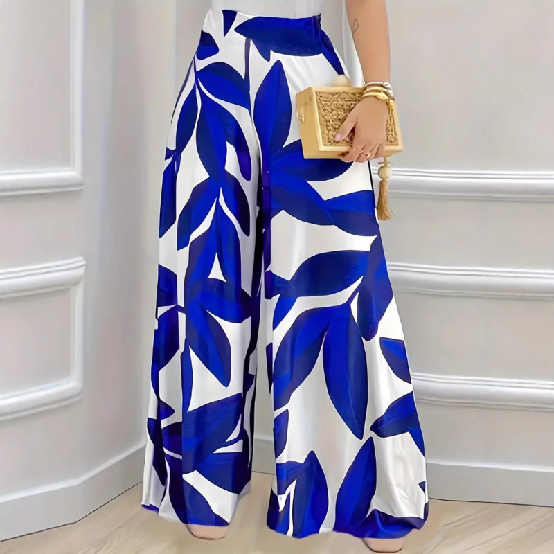 Határokon átnyúló európai és amerikai divatos elegáns, bő, széles szárú, fehér, kék levélmintás nadrág, kényelmes, divatos, bő szárú nadrág
