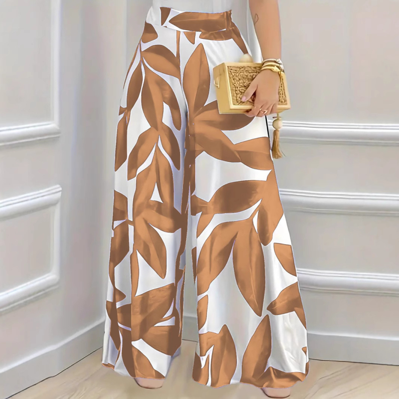Határokon átnyúló európai és amerikai divatos elegáns, bő, széles szárú, fehér, kék levélmintás nadrág, kényelmes, divatos, bő szárú nadrág