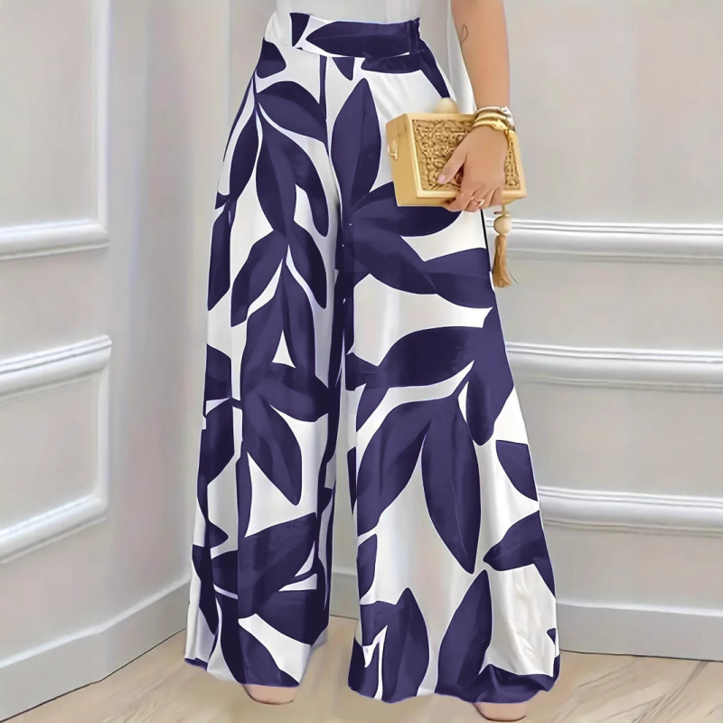 Határokon átnyúló európai és amerikai divatos elegáns, bő, széles szárú, fehér, kék levélmintás nadrág, kényelmes, divatos, bő szárú nadrág