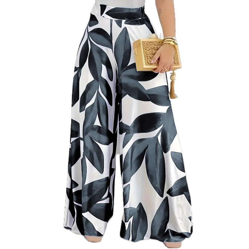 Határokon átnyúló európai és amerikai divatos elegáns, bő, széles szárú, fehér, kék levélmintás nadrág, kényelmes, divatos, bő szárú nadrág