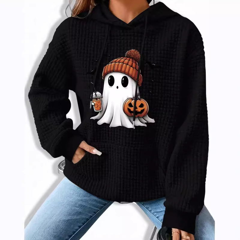2024 őszi és téli új, gofrimintás, kapucnis, hosszú ujjú, halloweeni mintás, laza pulóver, európai és amerikai határokon átnyúló Amazon-kínálattal.