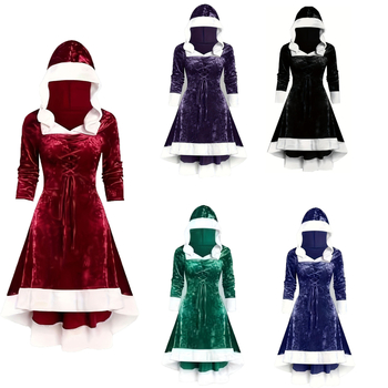 Határokon átnyúló külkereskedelmi gyári közvetlen értékesítésű női ruházat Karácsonyi kapucnis varrású fűzős hosszú ujjú, magas derekú temperamentumos ruha 5269