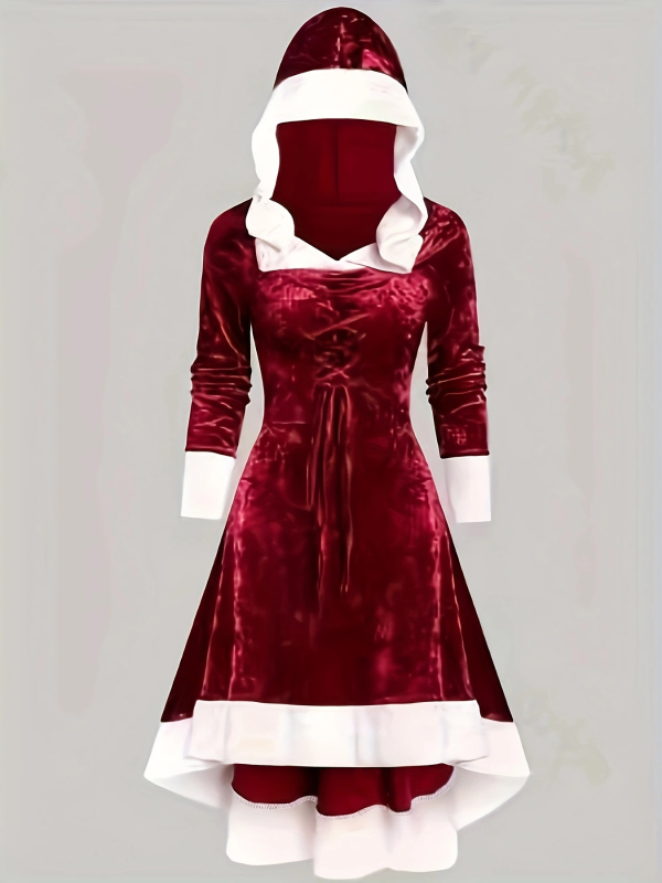 Határokon átnyúló külkereskedelmi gyári közvetlen értékesítésű női ruházat Karácsonyi kapucnis varrású fűzős hosszú ujjú, magas derekú temperamentumos ruha 5269