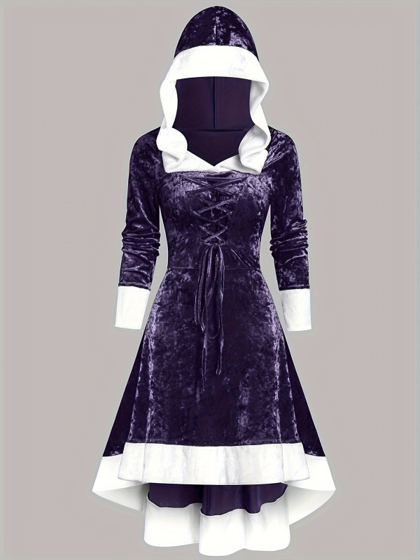 Határokon átnyúló külkereskedelmi gyári közvetlen értékesítésű női ruházat Karácsonyi kapucnis varrású fűzős hosszú ujjú, magas derekú temperamentumos ruha 5269