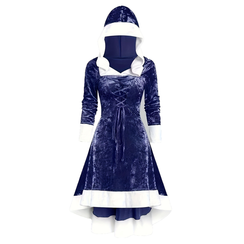 Határokon átnyúló külkereskedelmi gyári közvetlen értékesítésű női ruházat Karácsonyi kapucnis varrású fűzős hosszú ujjú, magas derekú temperamentumos ruha 5269