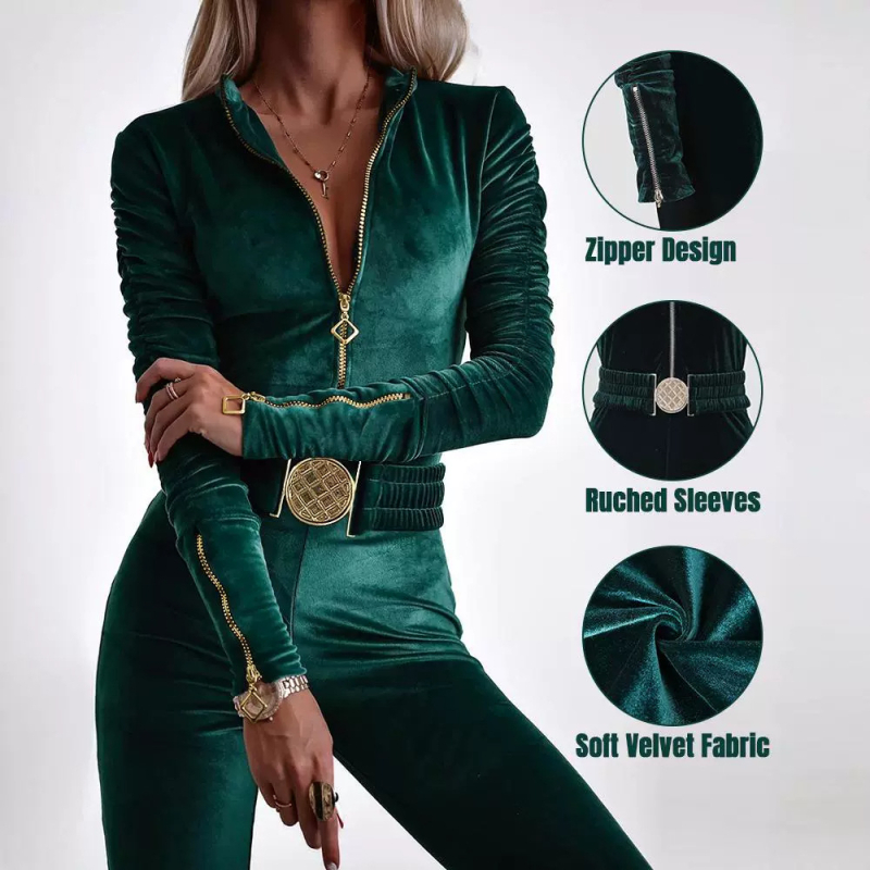 2024 Nezávislá stanica Európsky a americký krížový predaj Amazon Aliexpress Zips Velvet Belt Jumpsuit