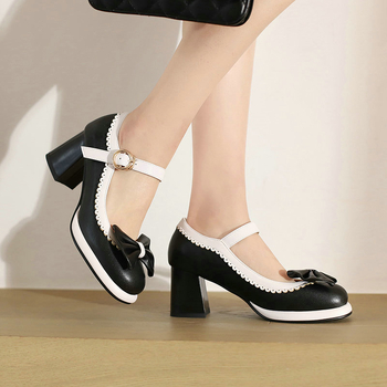 Νέα γυναικεία μονόστρωτα παπούτσια για την άνοιξη και το φθινόπωρο, ψηλοτάκουνα παπούτσια Mary Jane με τετράγωνη μύτη και χοντρό τακούνι, μονόστρωτα παπούτσια Sweet Princess με αγκράφα και φιόγκο