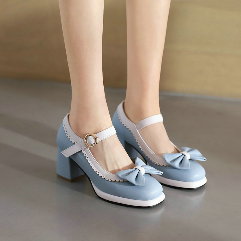 Tavaszi és őszi új női egyrétegű cipők, szögletes orrú, vastag sarok, magas sarkú, Mary Jane cipők, masni csattal, édes hercegnős egyrétegű cipők