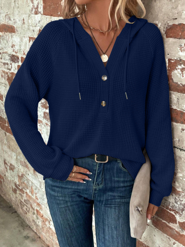 2023-as európai és amerikai határokon átnyúló külkereskedelmi őszi és téli új, egyszínű, kapucnis, gombos, bő, hosszú ujjú pulóver női ruházat