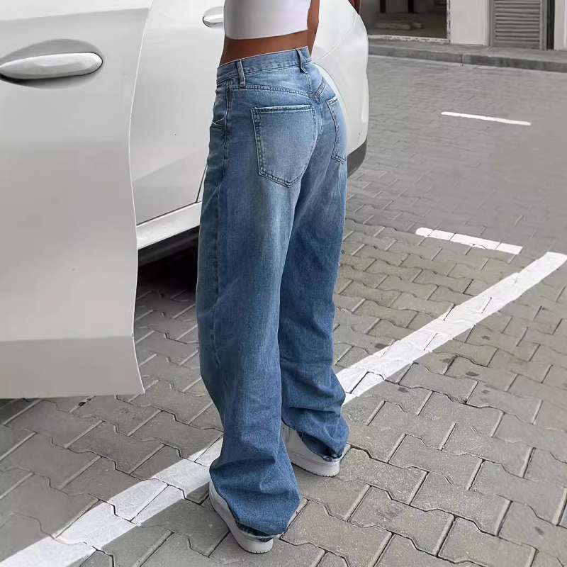 Határokon átnyúló európai és amerikai divatos, alacsony derekú, szexi, egyenes szárú, bő, mosott retró kék női farmernadrág, divatos és sokoldalú.