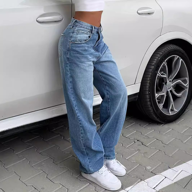 Határokon átnyúló európai és amerikai divatos, alacsony derekú, szexi, egyenes szárú, bő, mosott retró kék női farmernadrág, divatos és sokoldalú.