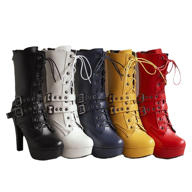 40-50-es európai és amerikai külkereskedelmi, határokon átnyúló őszi és téli női csizma, vízálló platform, vastag, magas sarkú, övcsatos pántos csizma H682