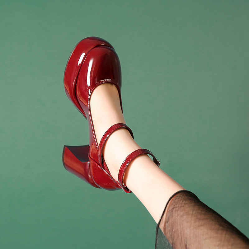 Francia stílusú vastag sarkú Mary Jane bőr női cipők 2025 tavaszi új piros magas sarkú retró tündér stílusú szoknyacipők