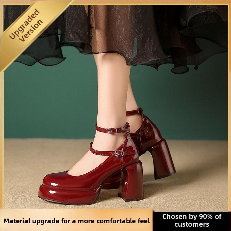 Francia stílusú vastag sarkú Mary Jane bőr női cipők 2025 tavaszi új piros magas sarkú retró tündér stílusú szoknyacipők