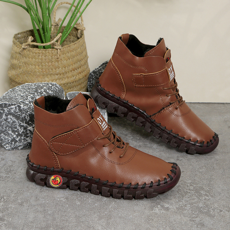 Pantofi de damă cusute manual, cu explozii transfrontaliere, pantofi de bumbac de top, pantofi casual de iarnă, căptușiți cu fleece, caldi, cu talpă moale, antiderapanți, pantofi de mamă