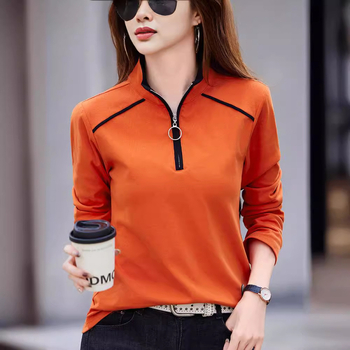 Állógalléros hosszú ujjú női póló 2024 tavaszi pamut cipzáras hajtókás laza sport alsó felső laza és karcsúsító megjelenés