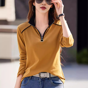 Állógalléros hosszú ujjú női póló 2024 tavaszi pamut cipzáras hajtókás laza sport alsó felső laza és karcsúsító megjelenés
