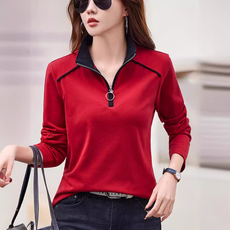 Állógalléros hosszú ujjú női póló 2024 tavaszi pamut cipzáras hajtókás laza sport alsó felső laza és karcsúsító megjelenés