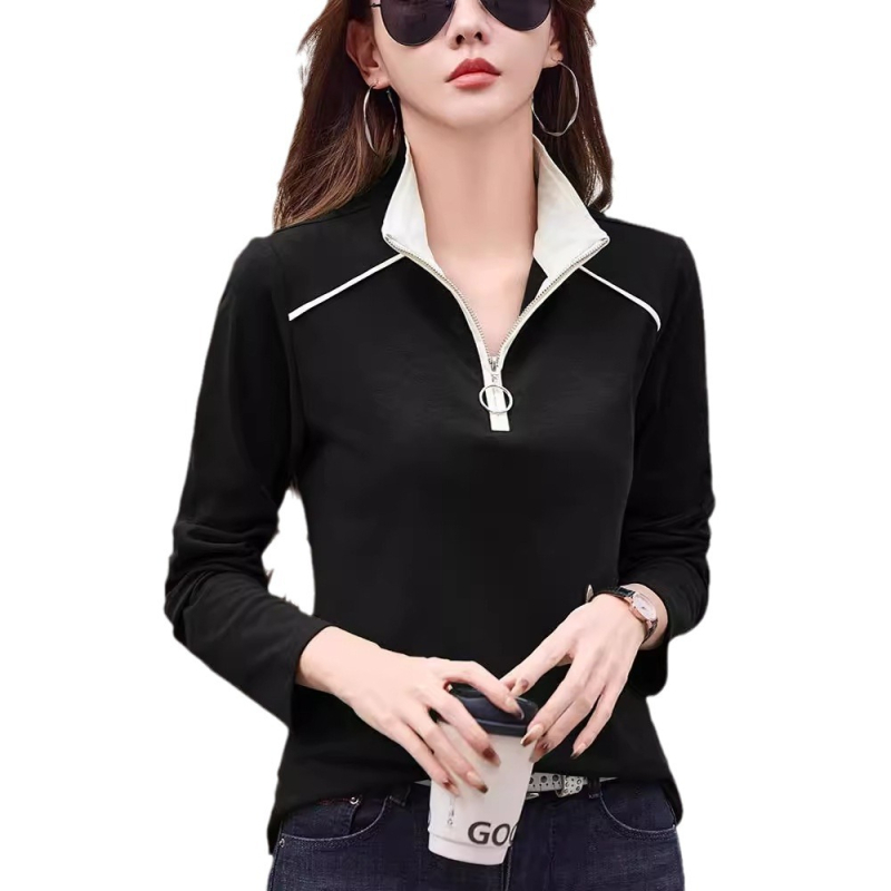 Állógalléros hosszú ujjú női póló 2024 tavaszi pamut cipzáras hajtókás laza sport alsó felső laza és karcsúsító megjelenés