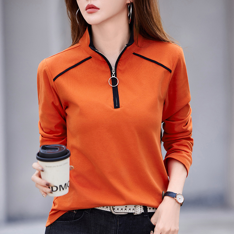 Állógalléros hosszú ujjú női póló 2024 tavaszi pamut cipzáras hajtókás laza sport alsó felső laza és karcsúsító megjelenés
