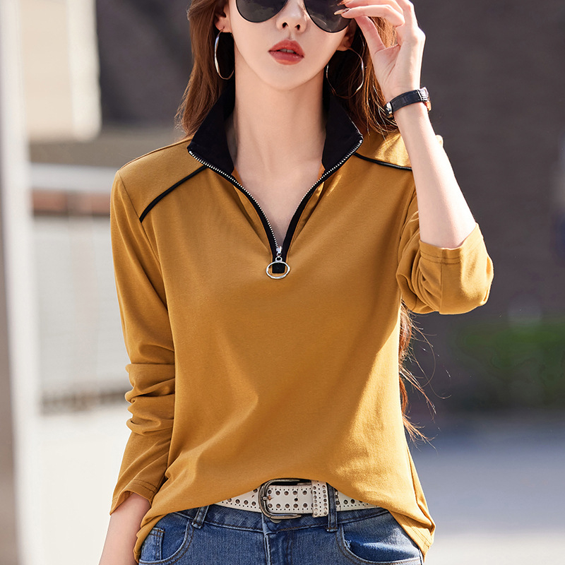 Állógalléros hosszú ujjú női póló 2024 tavaszi pamut cipzáras hajtókás laza sport alsó felső laza és karcsúsító megjelenés