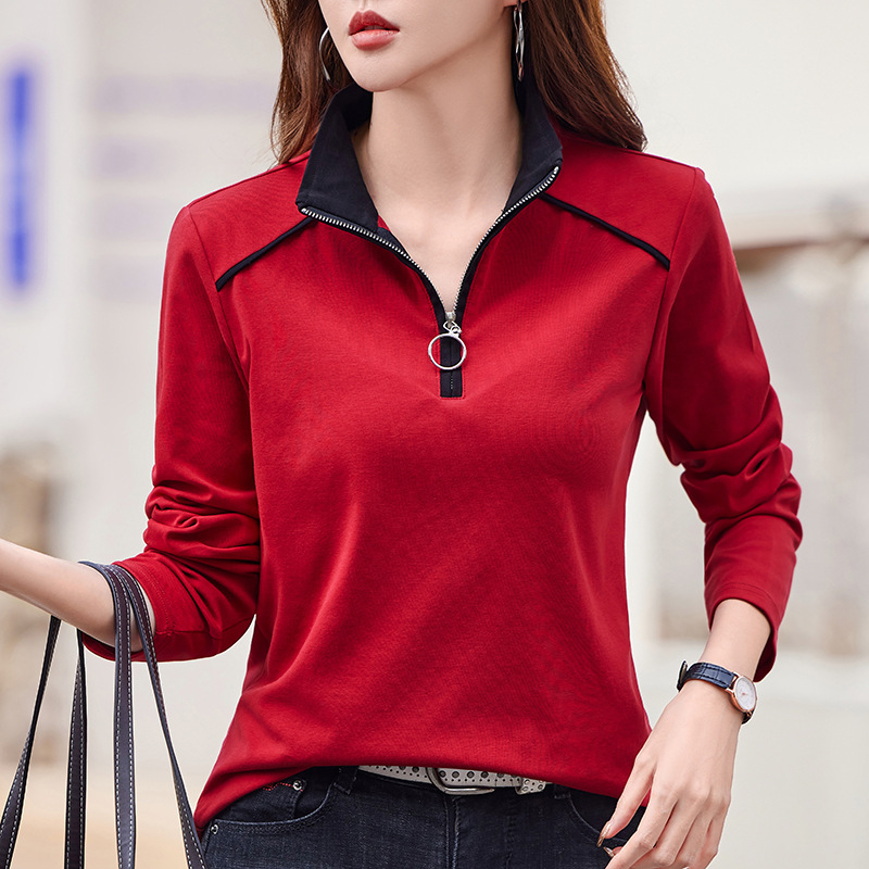 Állógalléros hosszú ujjú női póló 2024 tavaszi pamut cipzáras hajtókás laza sport alsó felső laza és karcsúsító megjelenés