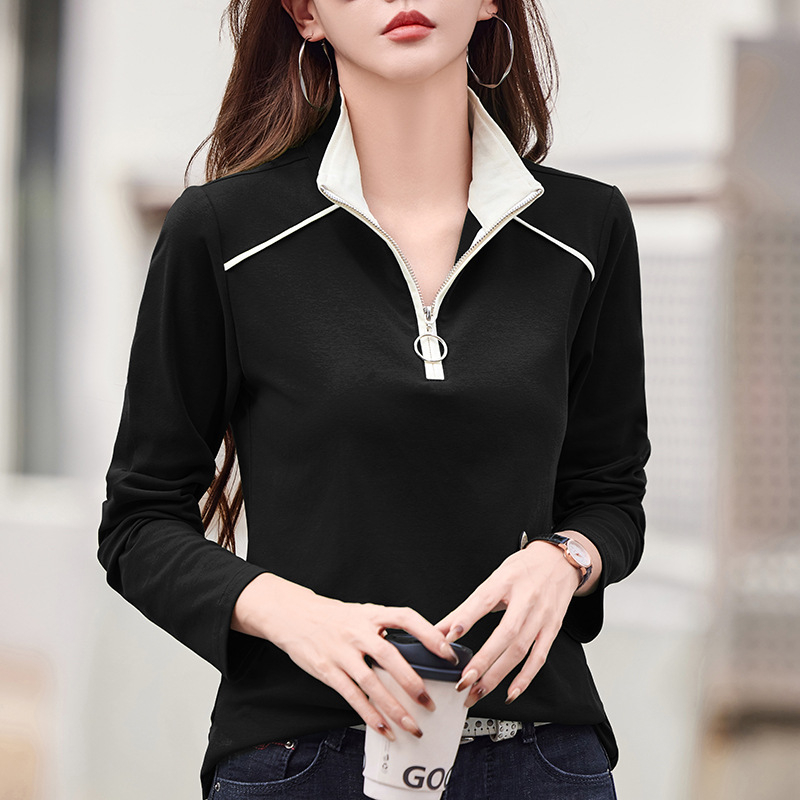 Állógalléros hosszú ujjú női póló 2024 tavaszi pamut cipzáras hajtókás laza sport alsó felső laza és karcsúsító megjelenés