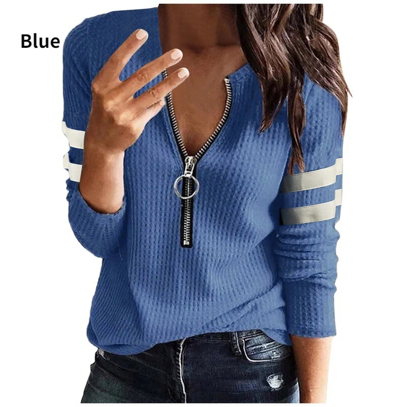 2021-es európai és amerikai külkereskedelem, határokon átnyúló új Amazon népszerű női V-nyakú cipzáras casual póló, hosszú ujjú felső